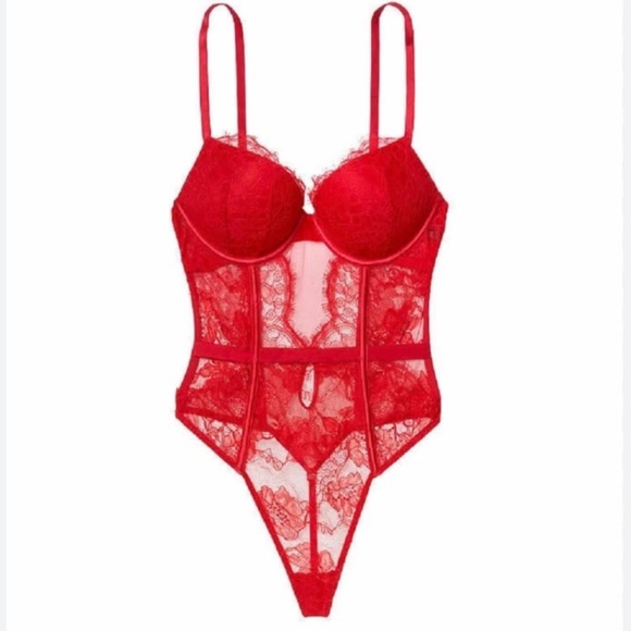 New-Victoria’s Secret red lace Bombshell Bustier bodysuit one piece teddy L $100 - Picture 6 of 8